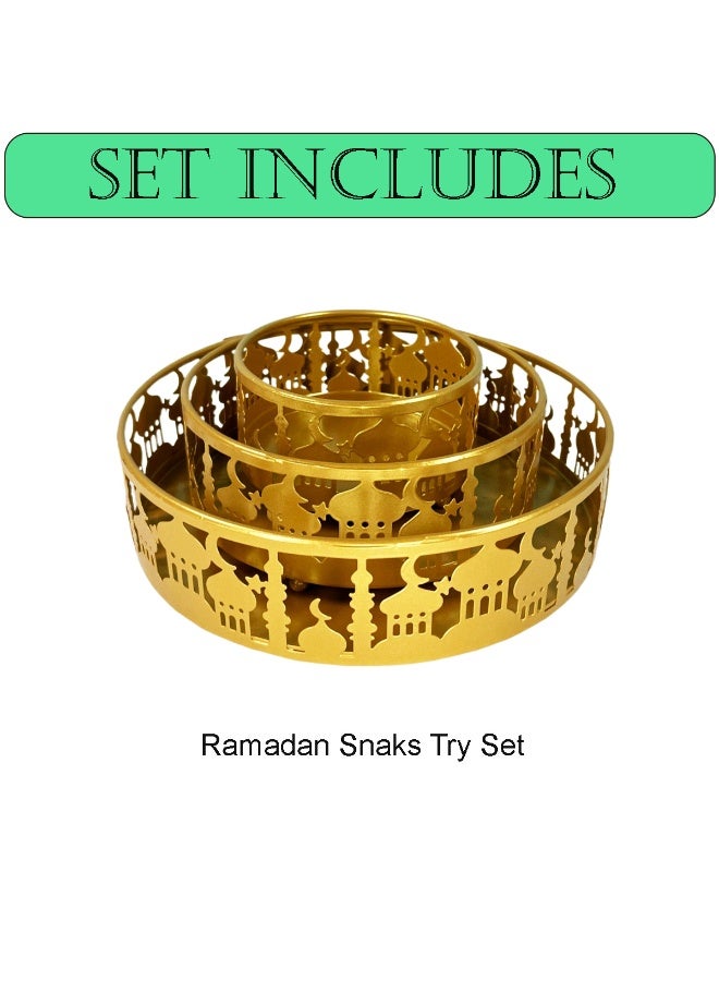 المنزل الذكي هوم سمارت طقم تقديم حلويات معدني لرمضان | يضفي طقم تقديم الحلويات المعدني هذا، المكون من 3 قطع والمستوحى من المساجد، لمسة أنيقة على ديكور رمضان في مكتبك أو منزلك. مثالي للاحتفال بعيد الفطر، أو رمضان، أو حفلات الزفاف. - Image 3